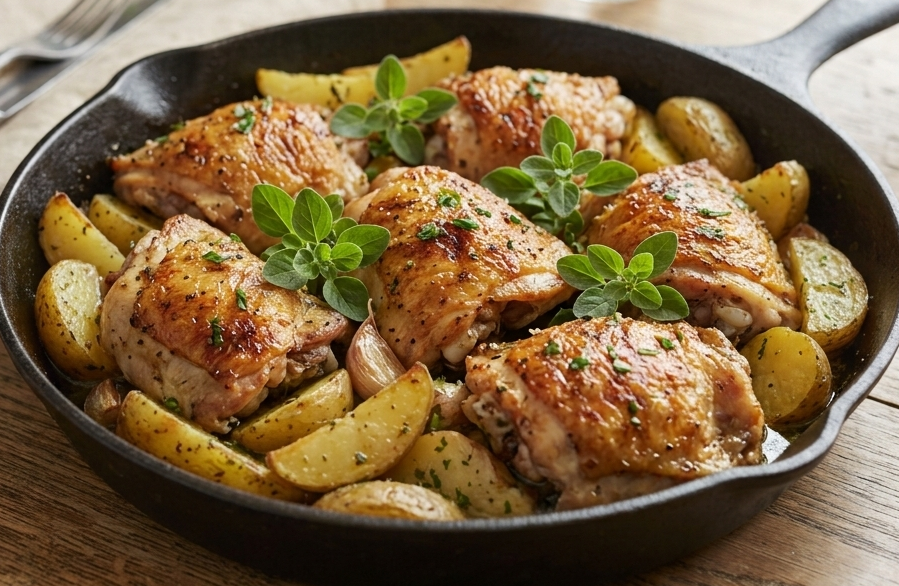 Marjoram Roasted Chicken Thighs with Lemon and Garlic